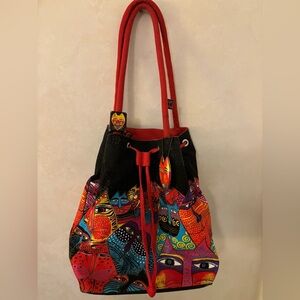 Vintage Laurel Burch Multicolor Cat Design Large Drawstring Shoulder Bag